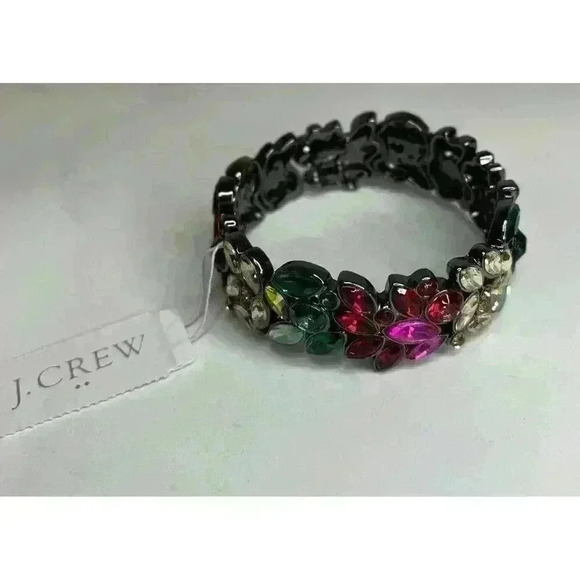 J. Crew Jewelry - J.Crew Crystal Leaf Cluster Multicolor Stone Stretch Bracelet Gunmetal Elegant